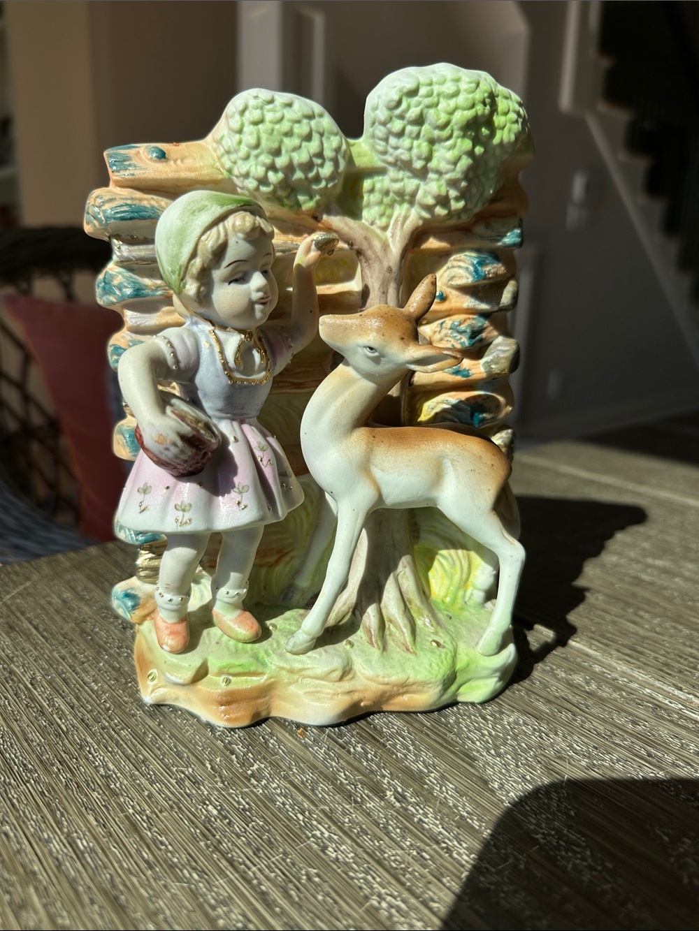 Vintage bisque deer and girl collectible planter in great shape Japan 7x5